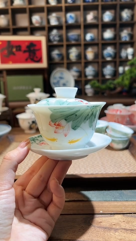 【闪购商品】五彩荷花锦鲤三才盖碗