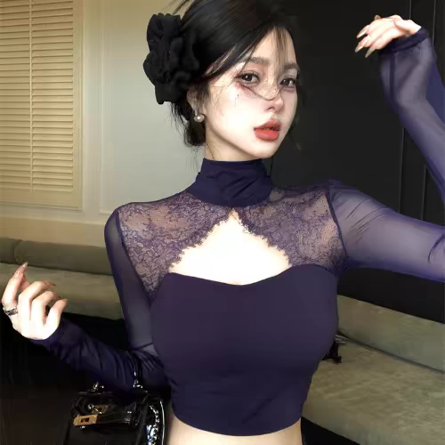 奶瓶家大码蕾丝拼接镂空长袖T恤女春季设计感修身纯欲性感上衣