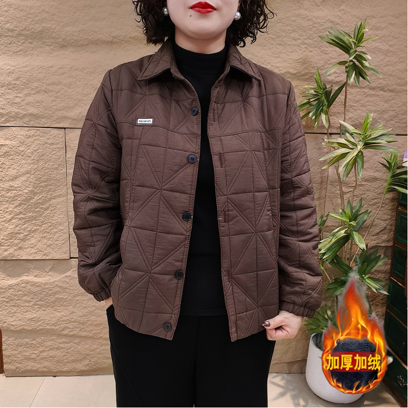 中老年女装冬季时尚新款妈妈款加绒短外套菱形格加绒秋冬棉袄