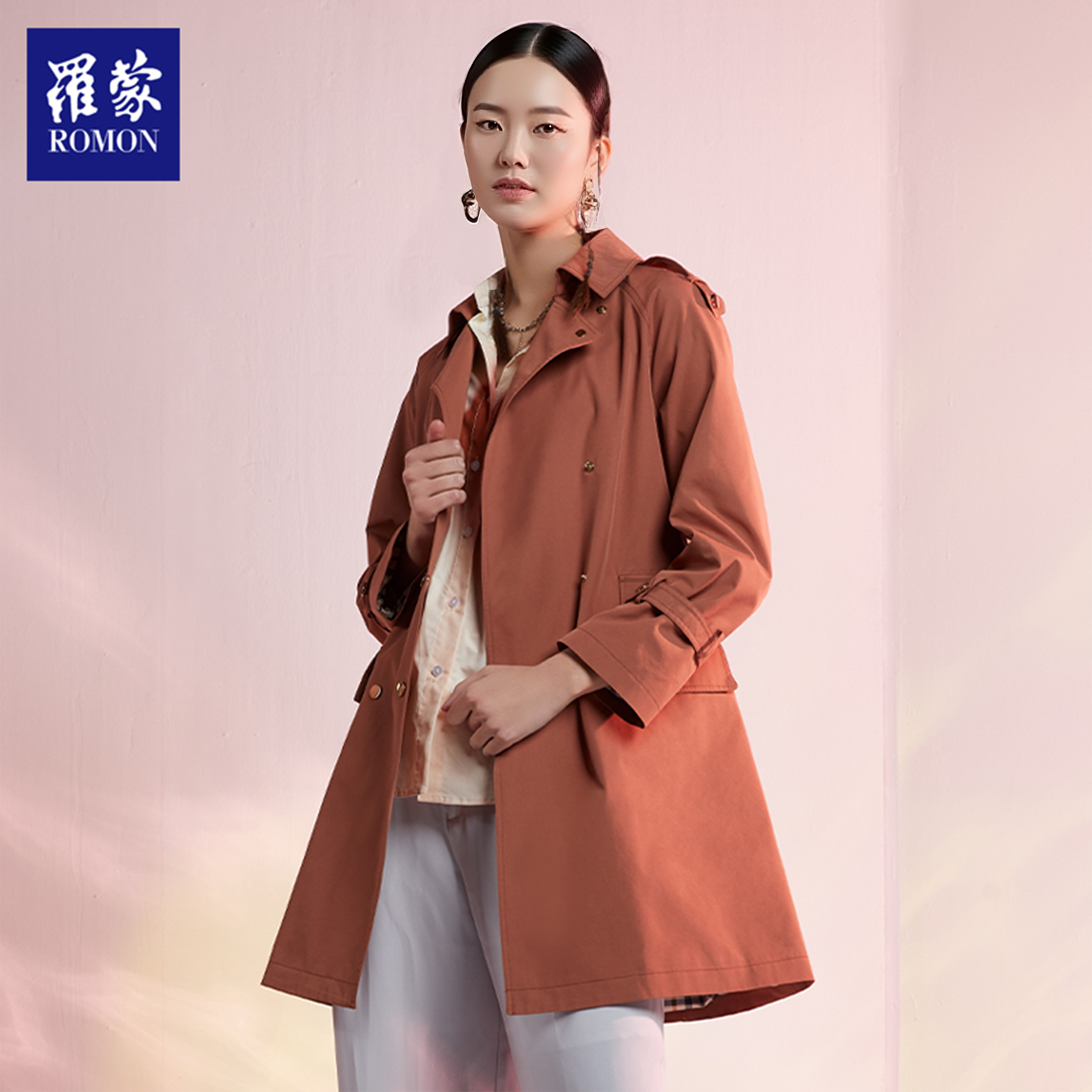 罗蒙女款简约轻奢中长款女士时尚休闲气质百搭春秋风衣FYJ12018