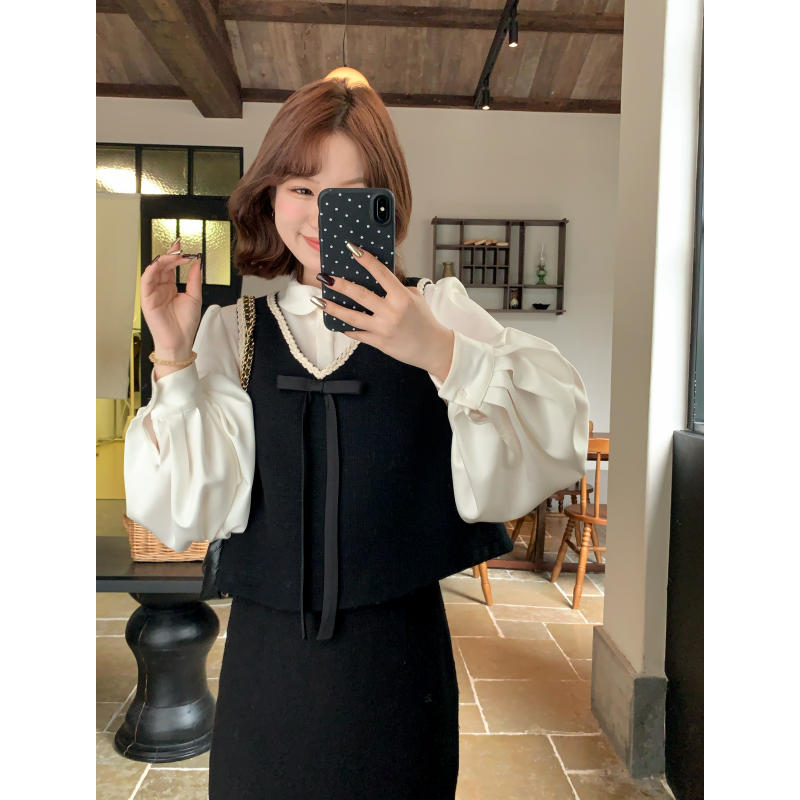 板栗西西【复古诗行】秋冬气质显瘦花边拼接马甲收腰半裙两件套