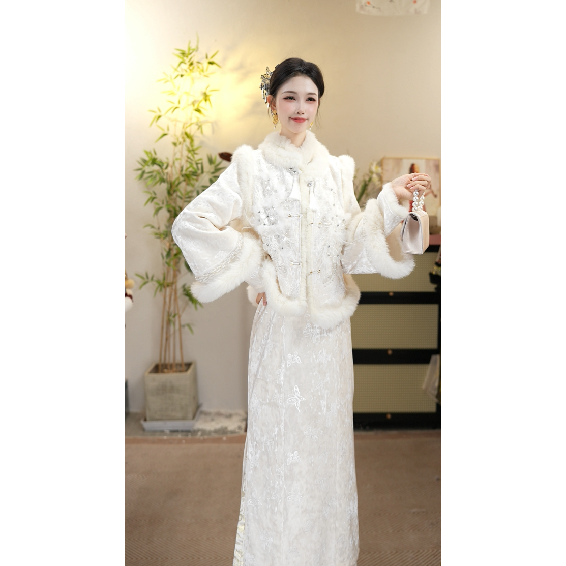 【花想容·白月光】水墨画走出的国潮白色加绒高端套装（5807+5797