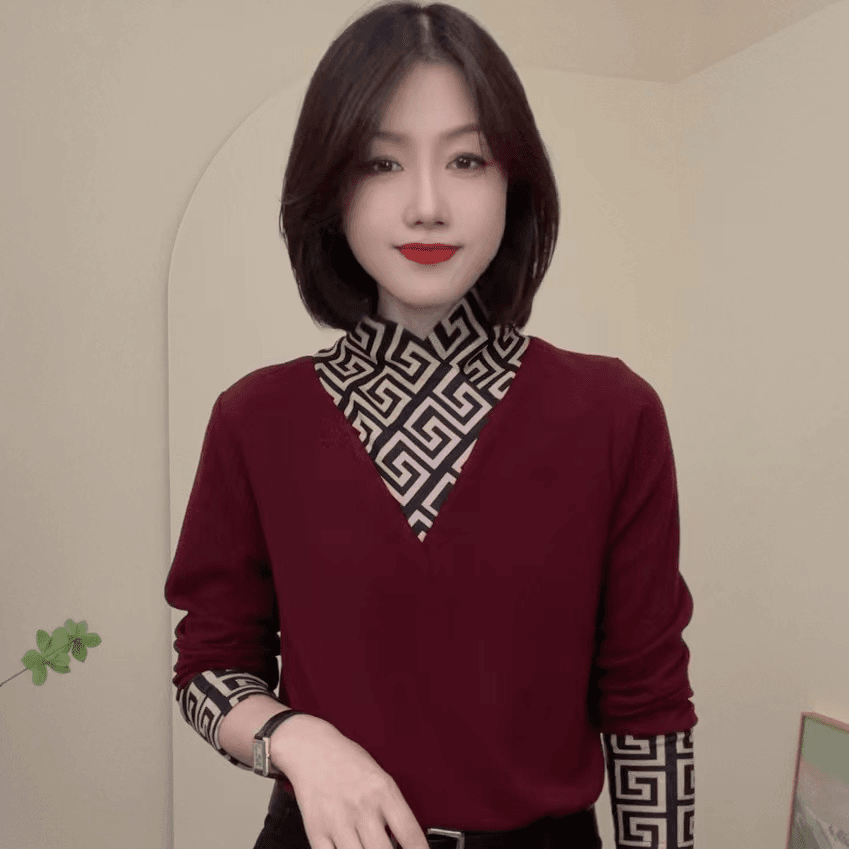 秋冬季新款加绒假两件拼接百搭长袖休闲T恤气质显瘦女士修身小衫
