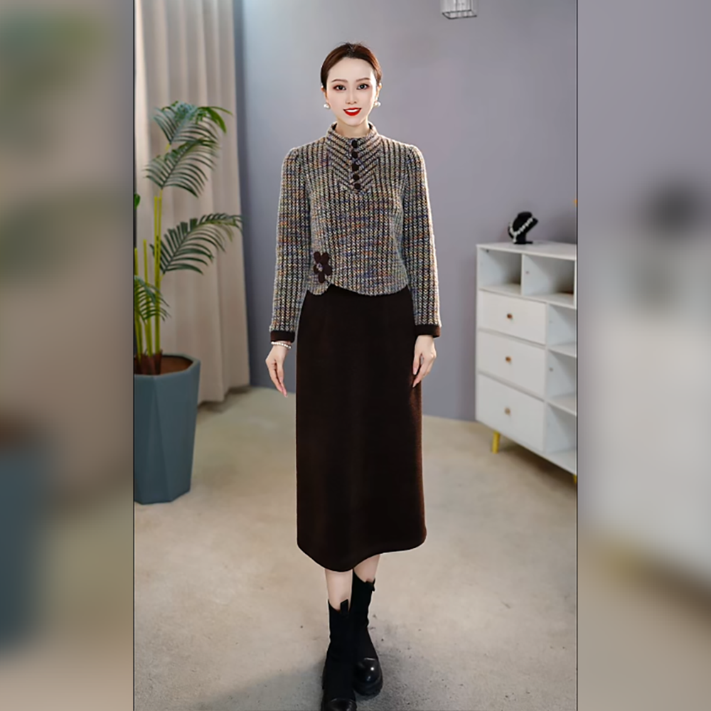 【雪狐绒】2025年冬季新款加绒加厚中长款拼接减龄气质保暖连衣裙