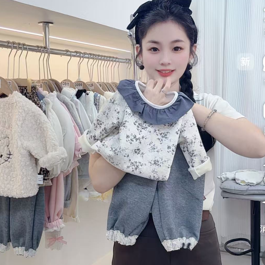 秋冬款女宝加绒森系碎花娃娃领套装韩系