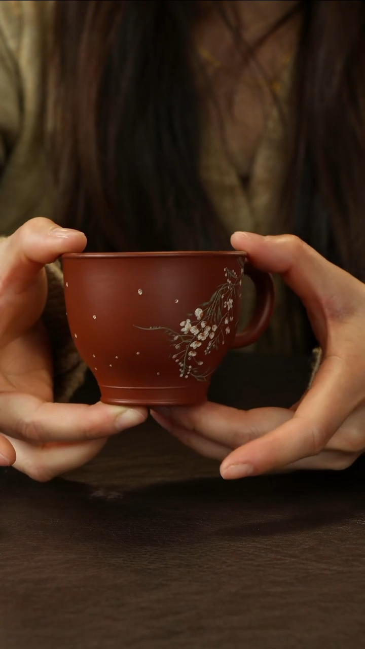 茶杯紫砂花团锦簇 朱泥把杯 150cc