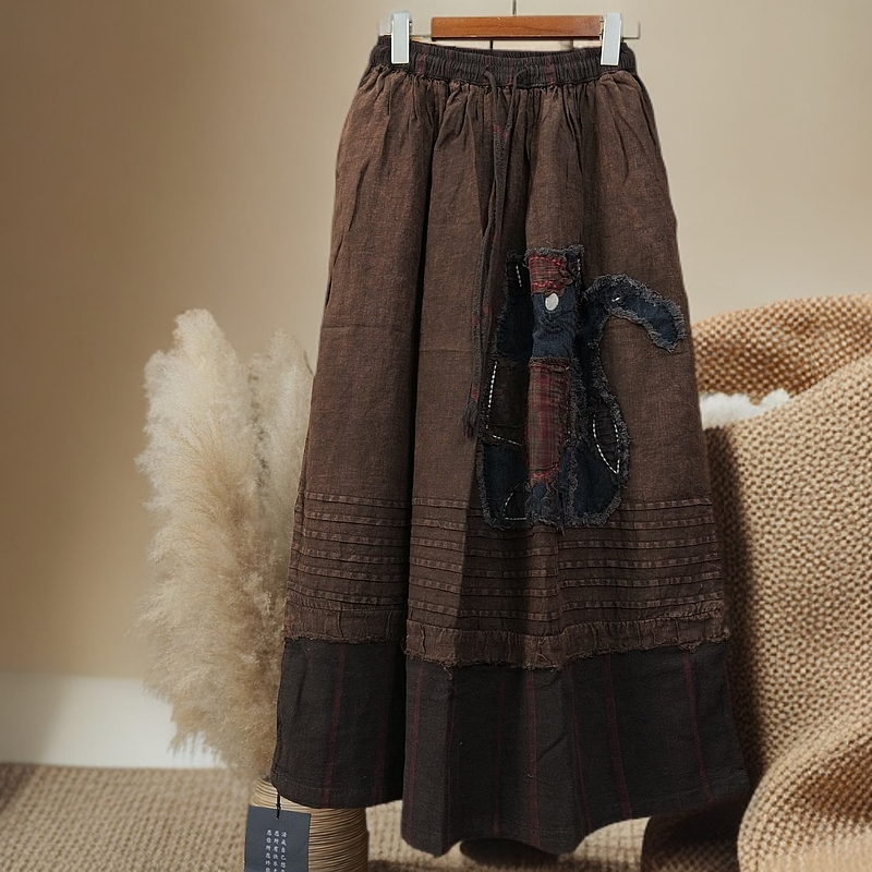 原创拼接设计亚麻半身裙文艺复古百搭长裙