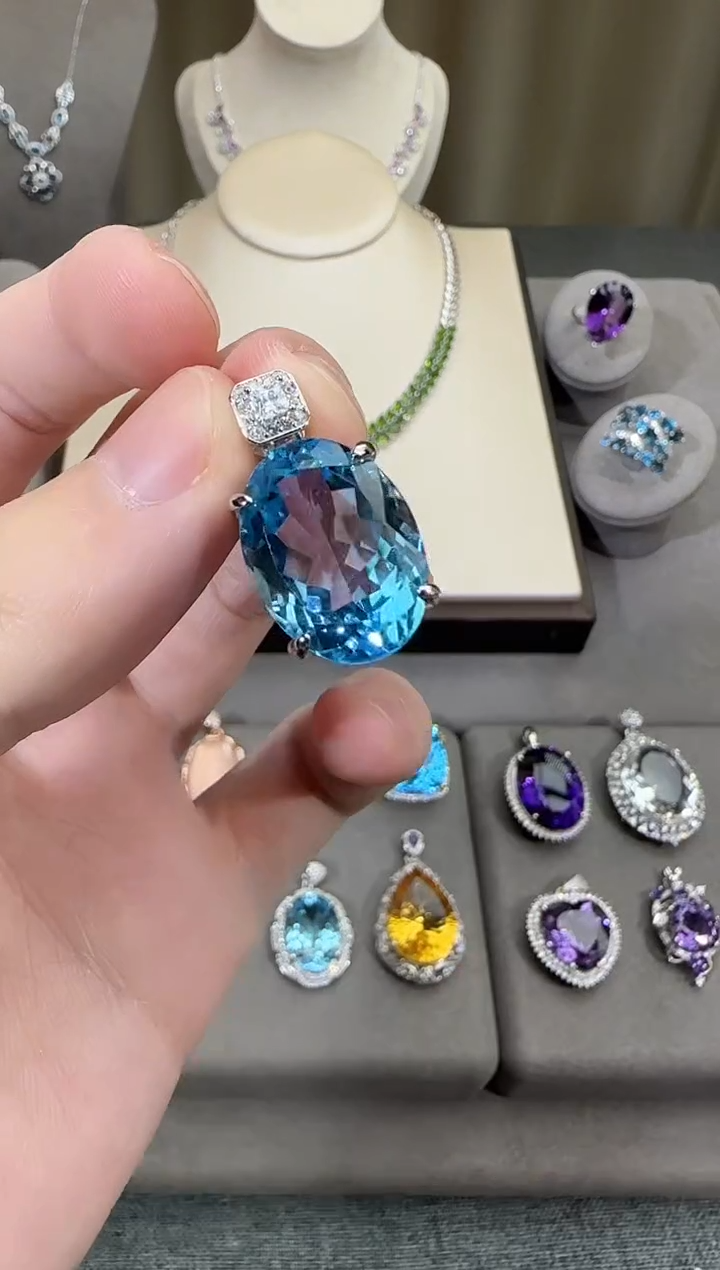 颈饰银S925镶嵌托帕石13*18mm吊坠蛋面设计款妖姬蓝