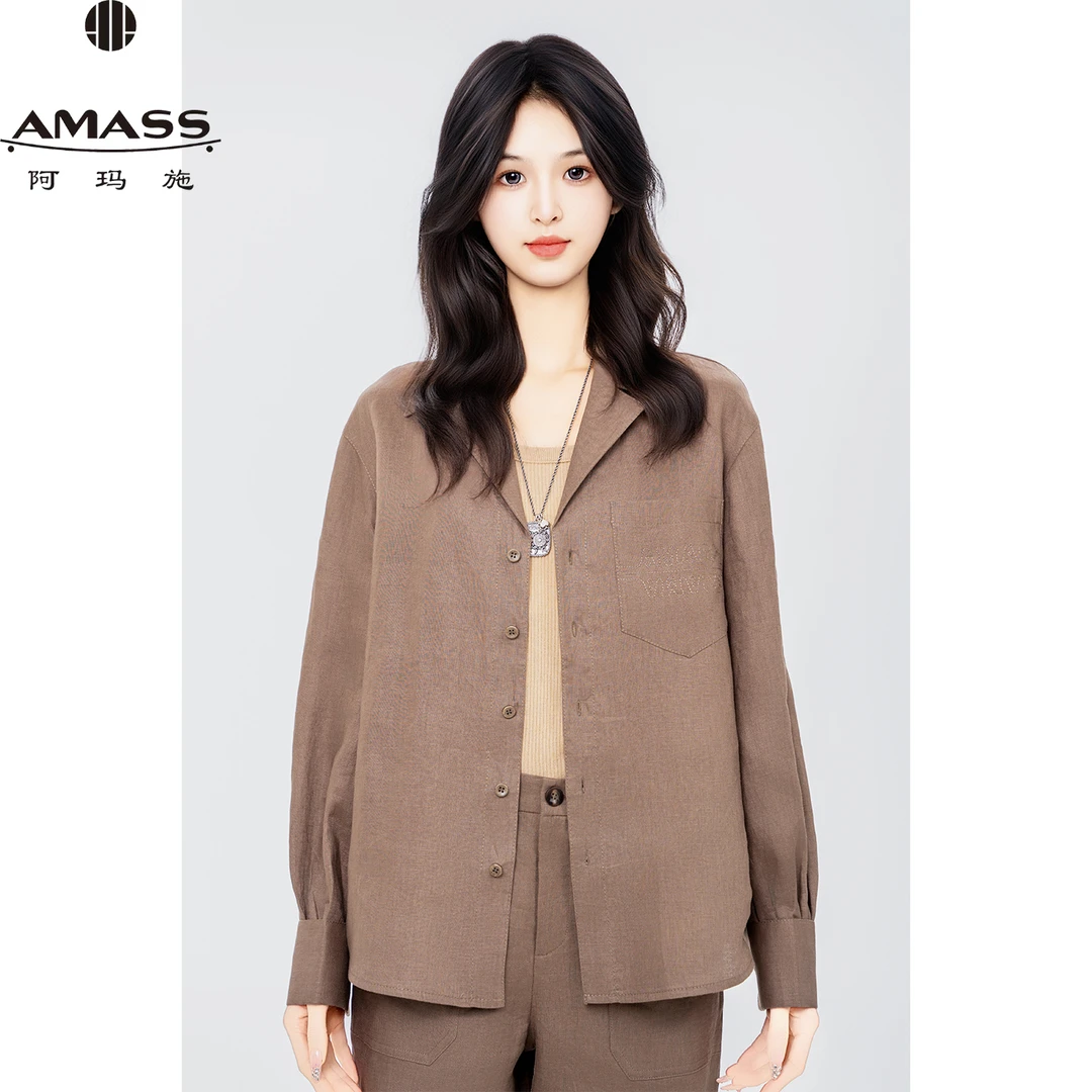 AMASS/阿玛施春夏新款亚麻单排扣轻职风百搭翻领长袖衬衫女530065
