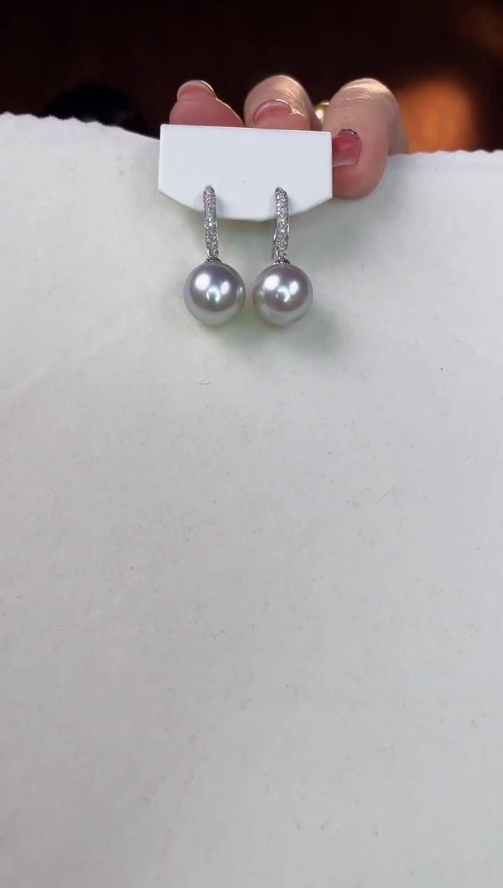 【闪购商品】海水珍珠耳坠18K金镶嵌澳灰12-13mm钻石