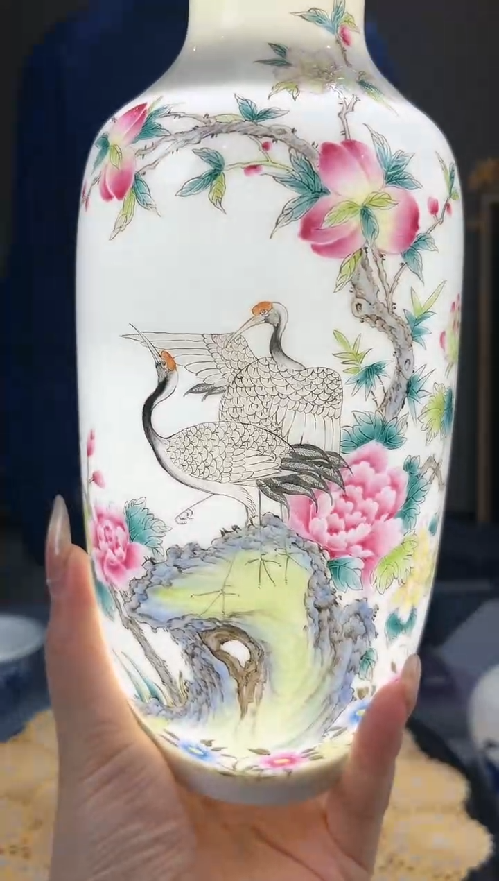 【闪购商品】官窑瓷画院884官窑瓷画院寿桃仙鹤赏瓶