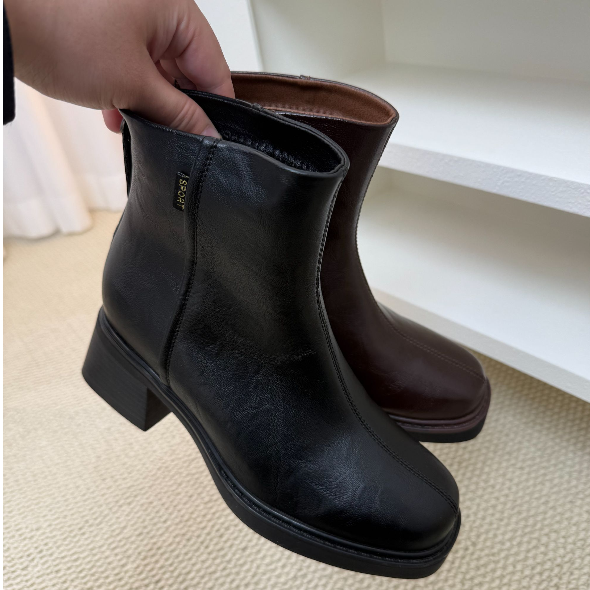 8cm时尚粗跟短靴秋冬防滑马丁靴英伦风方头高跟靴子休闲百搭女鞋