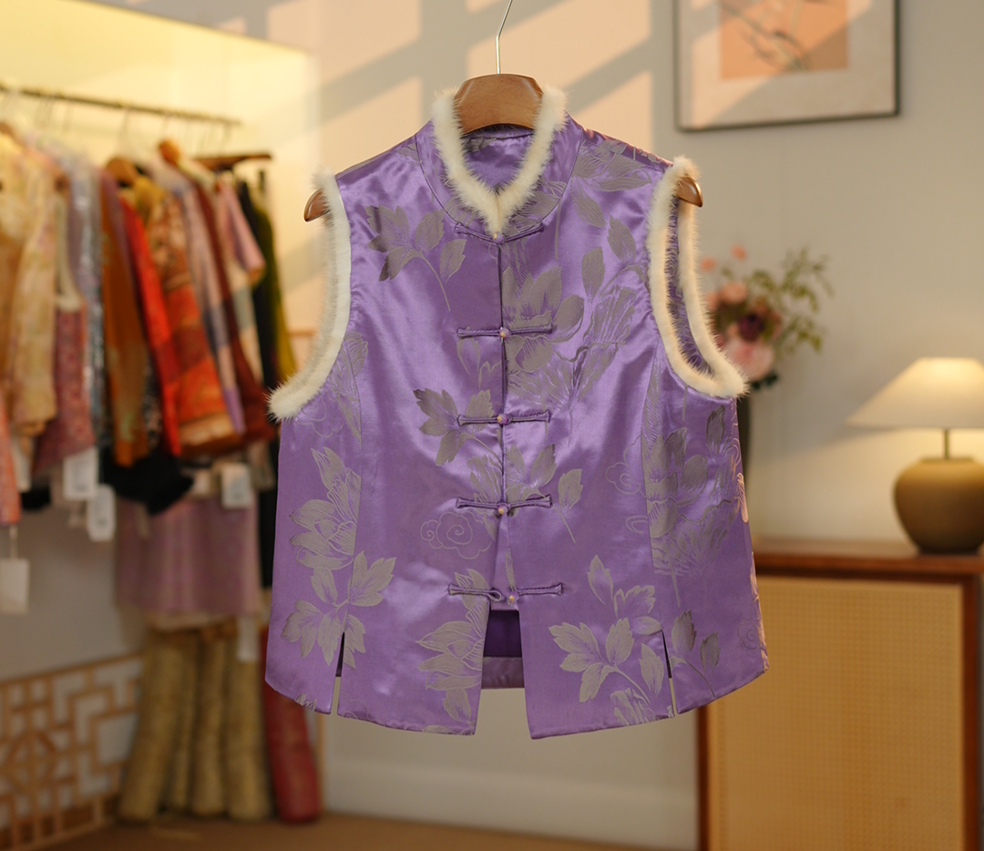 老缎2025冬季新款桑蚕丝夹棉加厚立领马甲25313