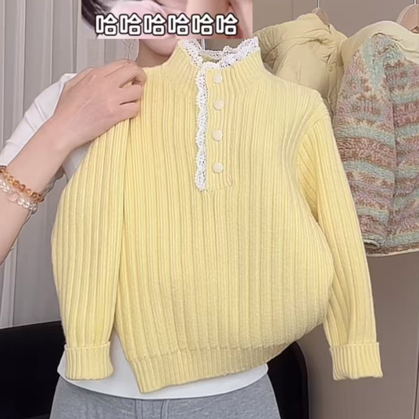 花小花女童毛衣冬季新款时尚蕾丝可爱儿童套头上衣外套针织衫