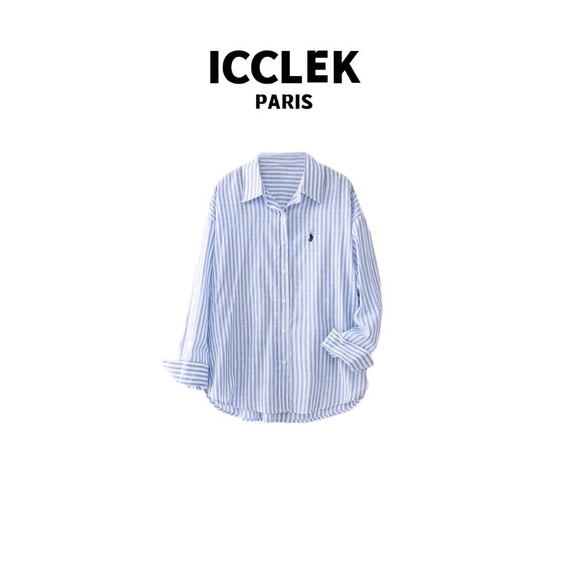 XY 蓝色条纹刺绣翻领长袖衬衫外套防晒通勤百搭上衣休 闲-3536