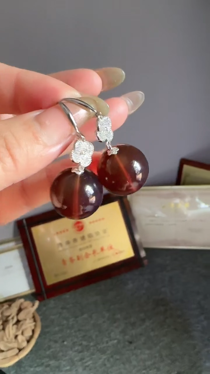 银S925镶嵌琥珀耳坠规格18紫罗兰耳坠#30