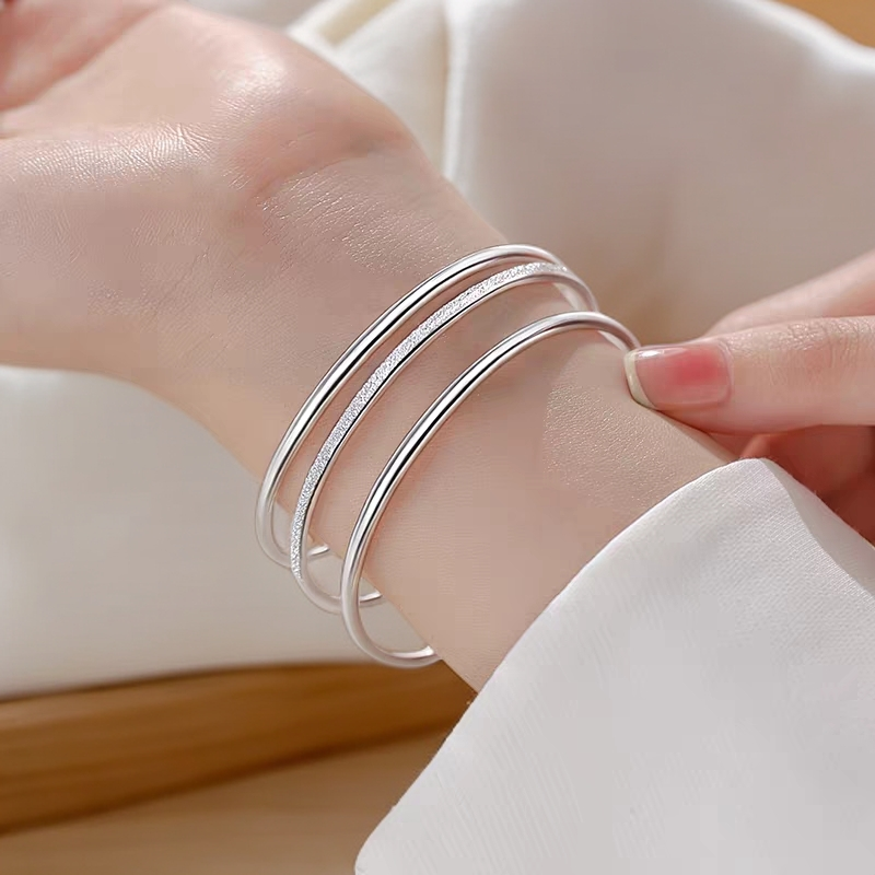 足银手镯 999纯银三生三世手镯女 三环纯银手镯闭口实心大克重