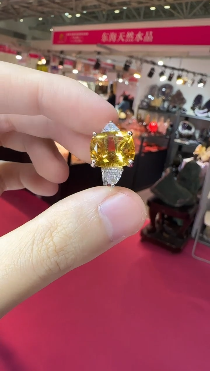 银S925镶嵌戒指黄晶12*10mm浓金