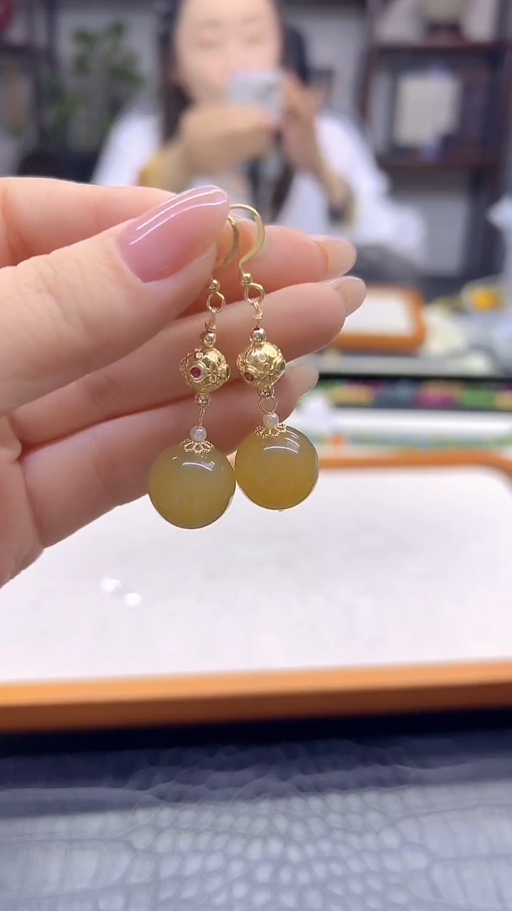 14K金镶嵌和田玉耳饰DIY款E247