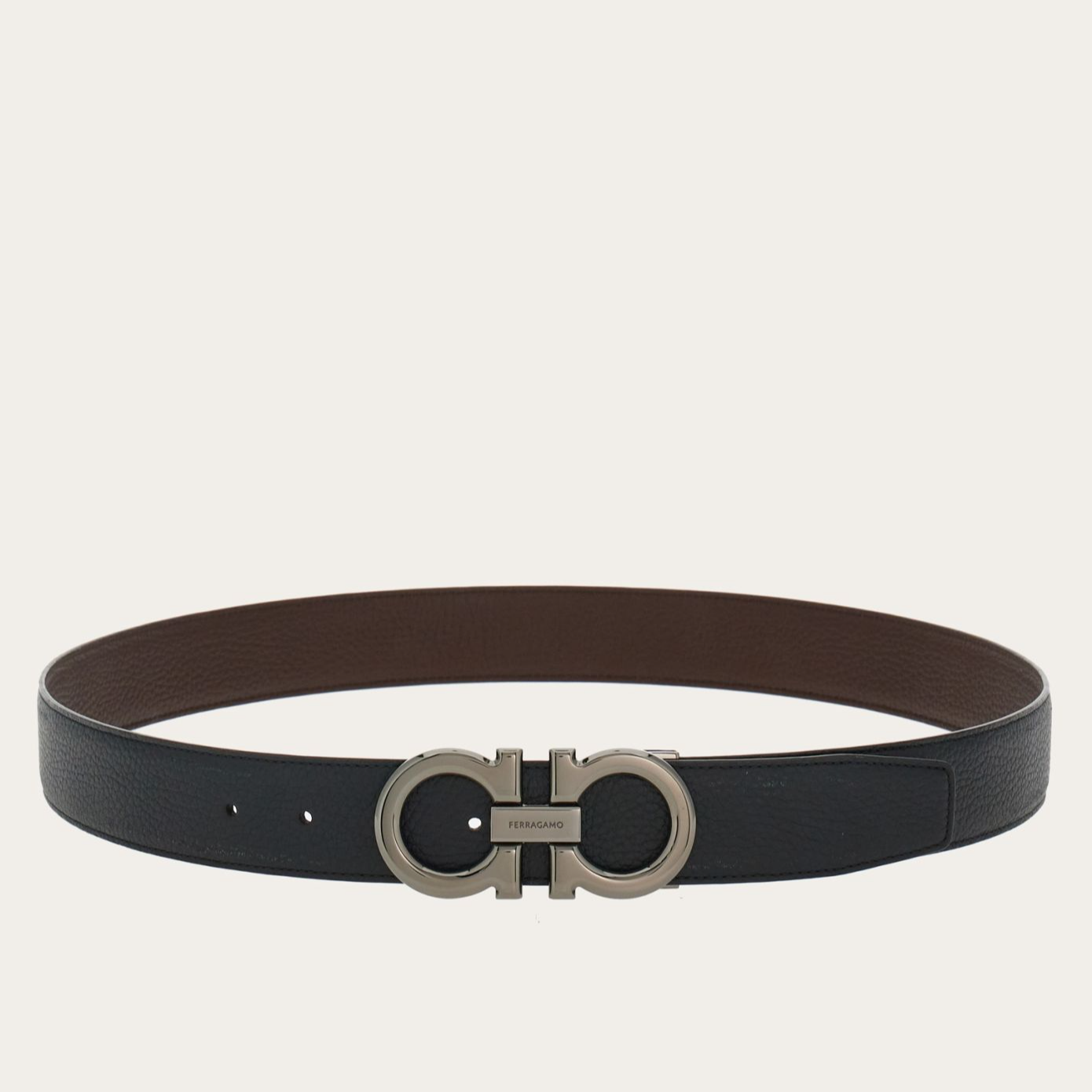 99新 FERRAGAMO/菲拉格慕  枪色扣黑褐荔枝纹双面腰带 3.5厘米宽
