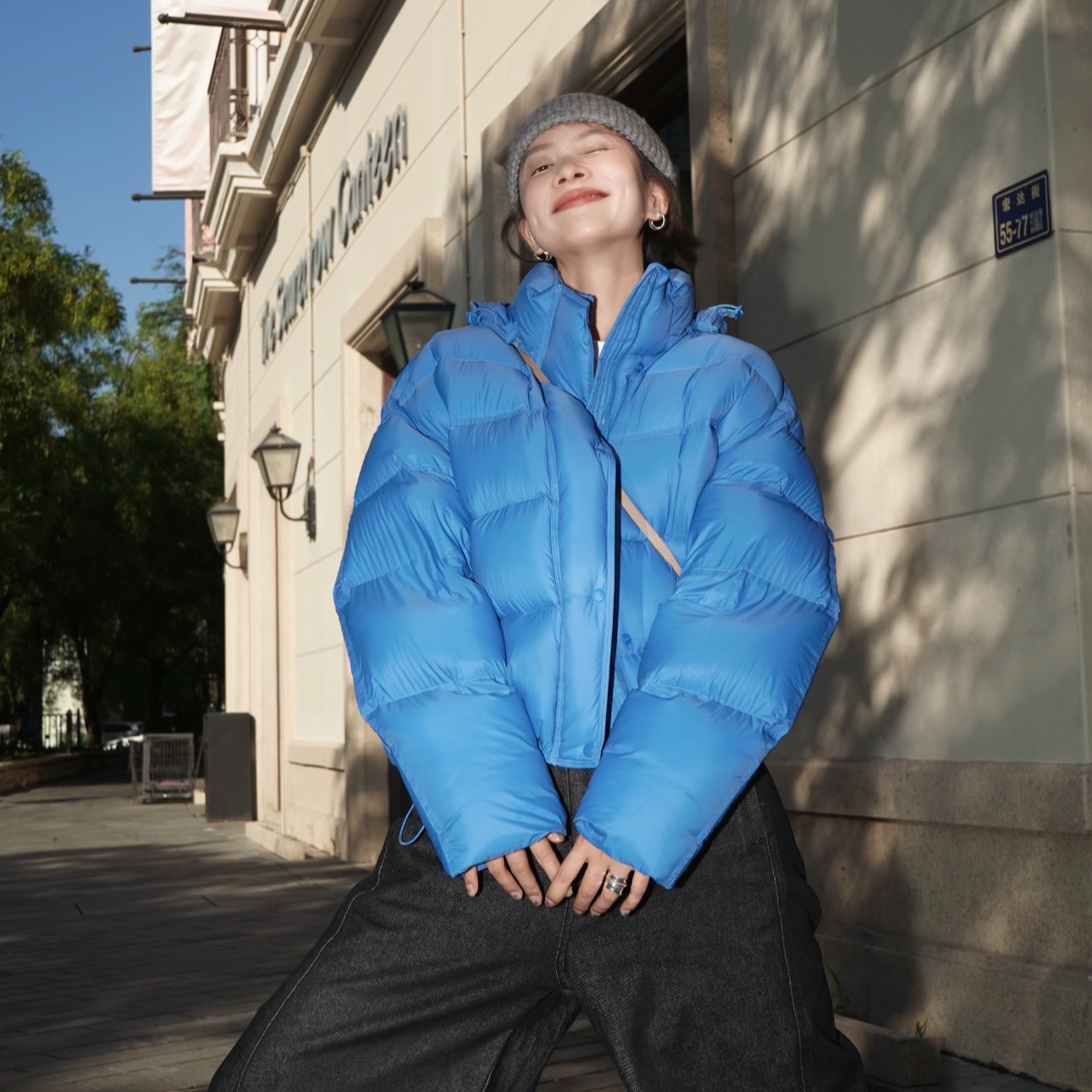 （波家同款）时尚显白布鲁斯蓝连帽保暖轻奢羽绒服