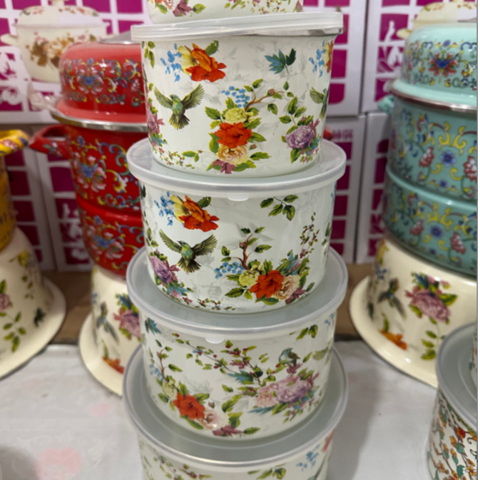 加深鸟语花香搪瓷保鲜碗5件套