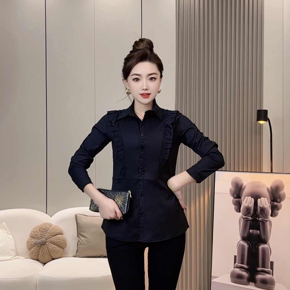 新款【加绒】洋气小众衬衫女荷叶边显瘦气质长袖时尚百搭打底6888