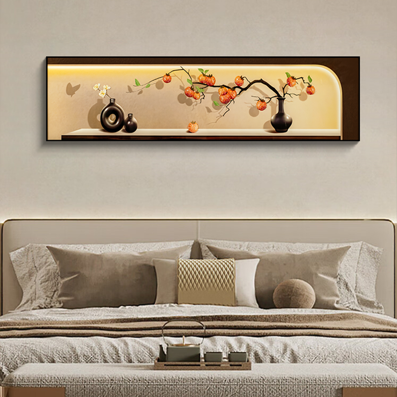 卧室晶瓷镶钻装饰画 床头高级感挂画客厅背景墙壁画柿柿如意40150