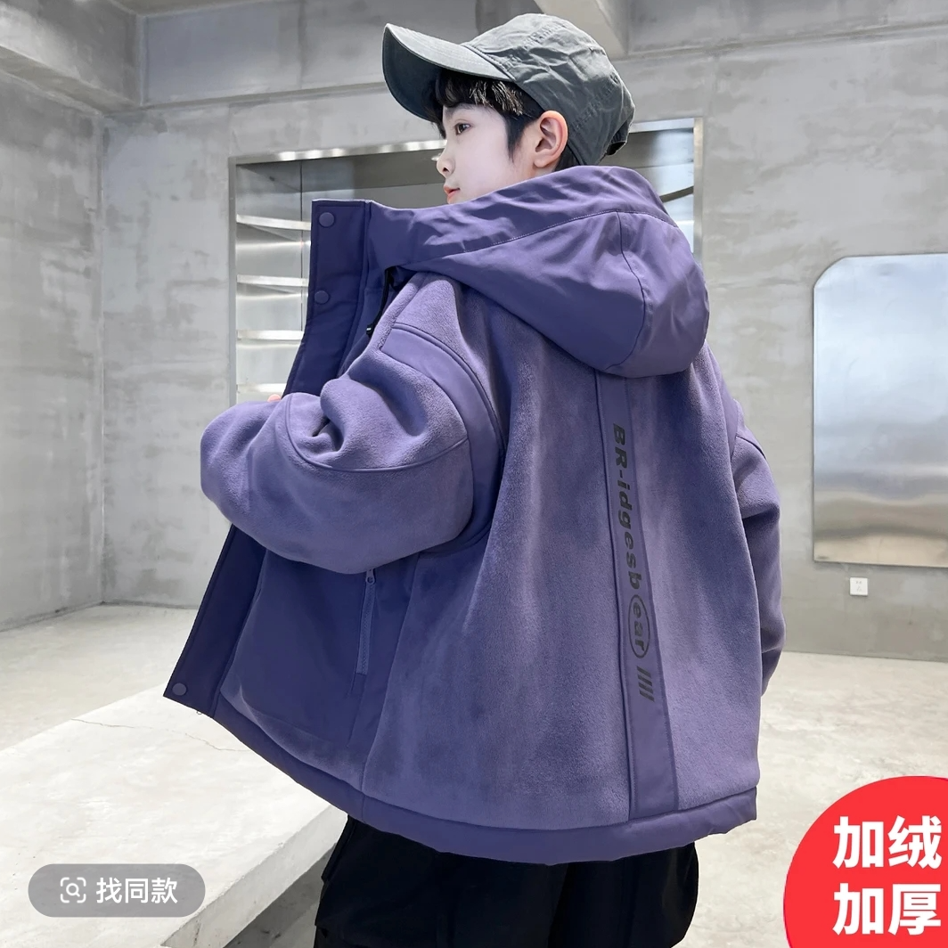 男童加绒外套秋冬款2025新款夹棉加厚宽松风衣中大童冬装棉服潮