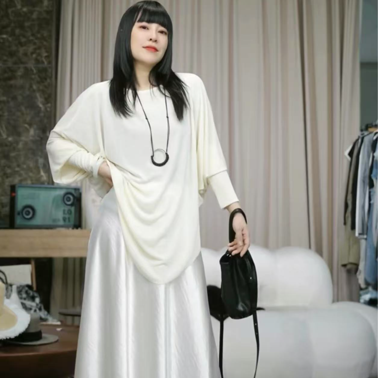 infobyfive福利夏季新款一字领长袖冰皮六代蝙蝠衫T恤NF0504091