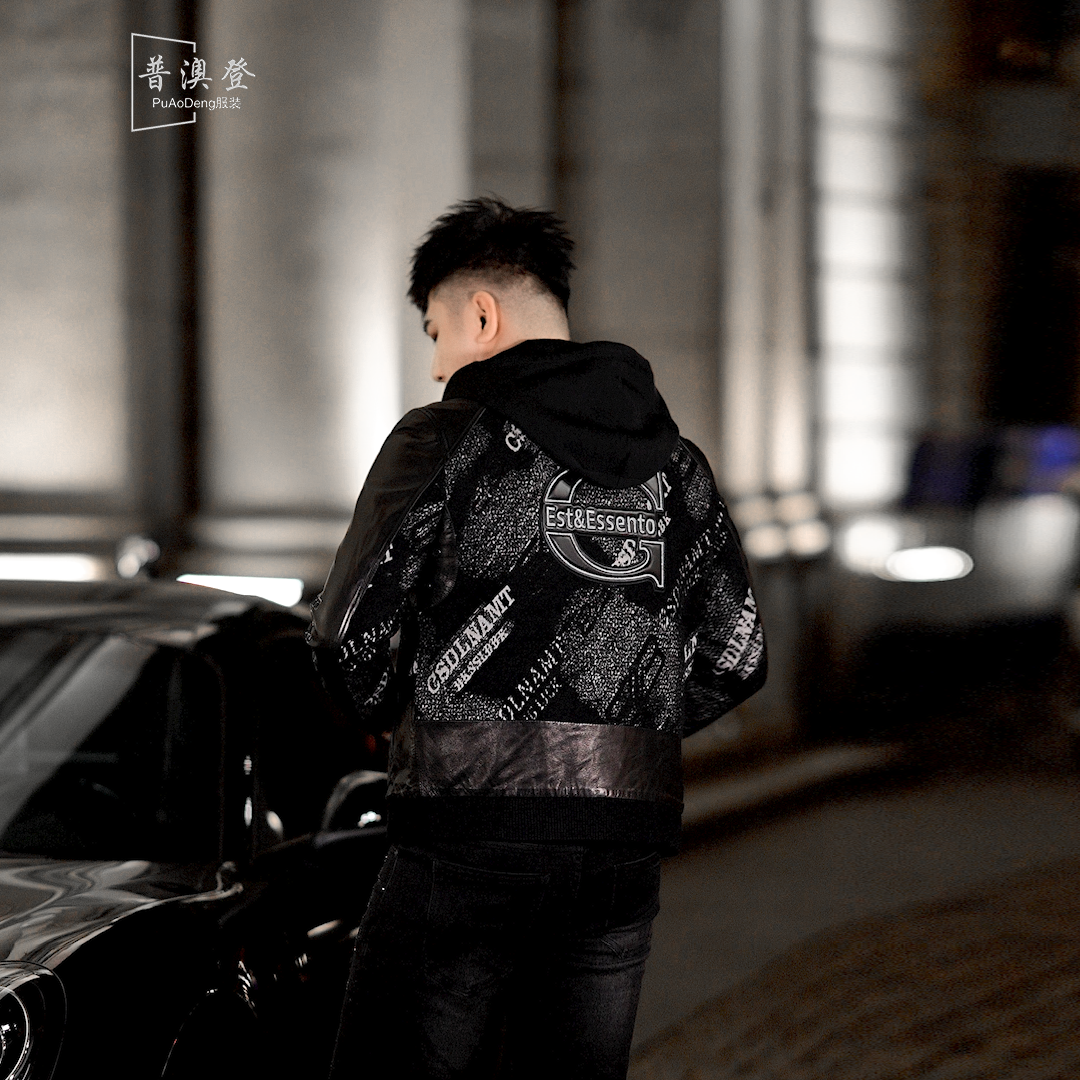 2025秋冬新款时尚潮流百搭修身可拆卸帽拼真皮男士休闲鹅绒服外套