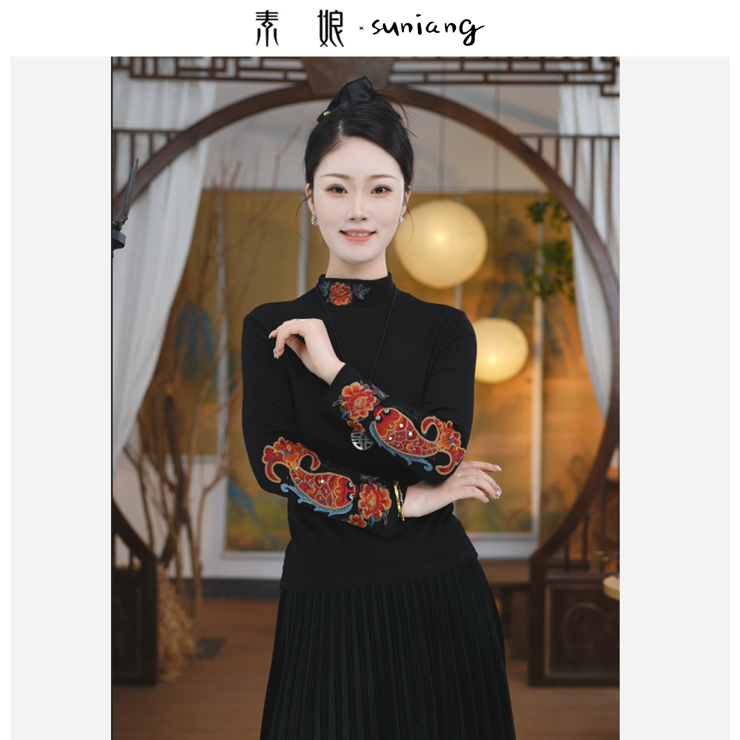 素娘绣花长袖秋季时尚休闲女士加绒T恤打底衫刺绣设计师款S27013D