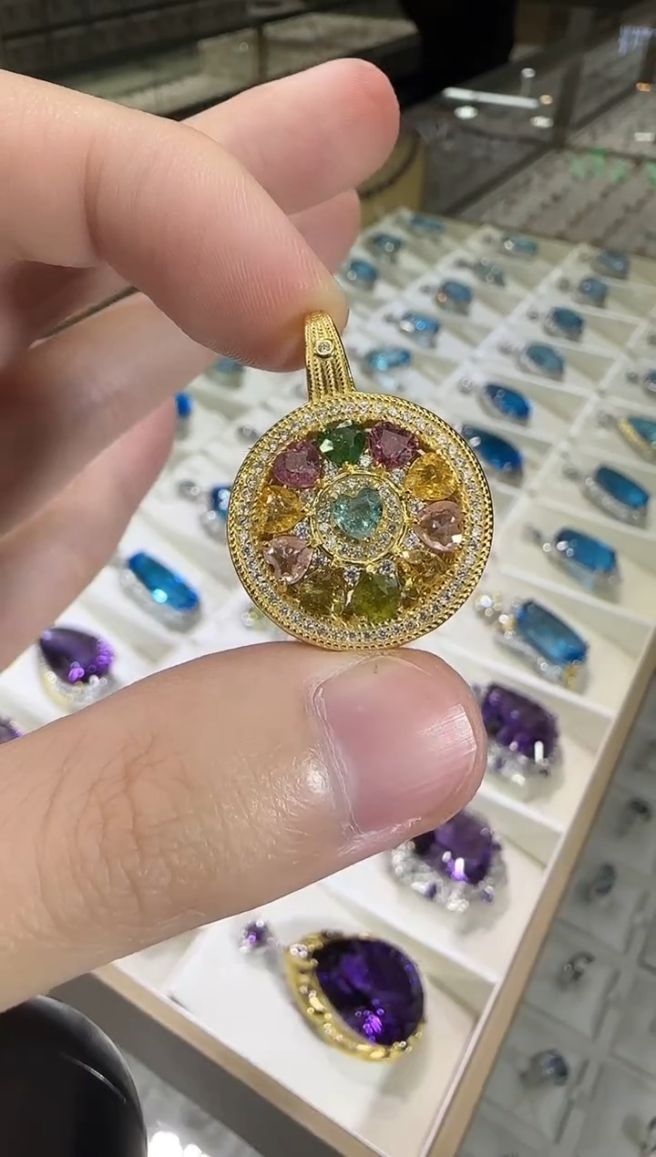 颈饰银S925镶嵌碧玺罗盘厚银吊坠