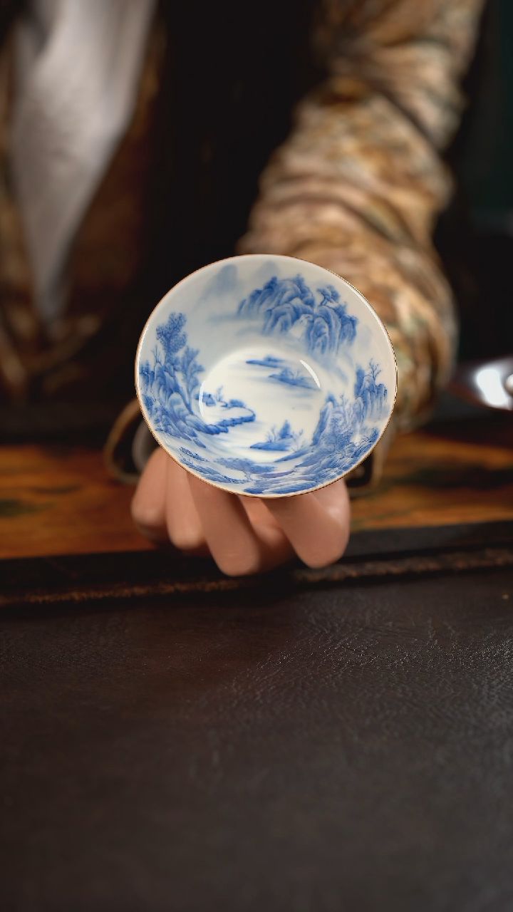 【闪购商品】杯聚澜堂红金花釉内山水宽口斗笠杯