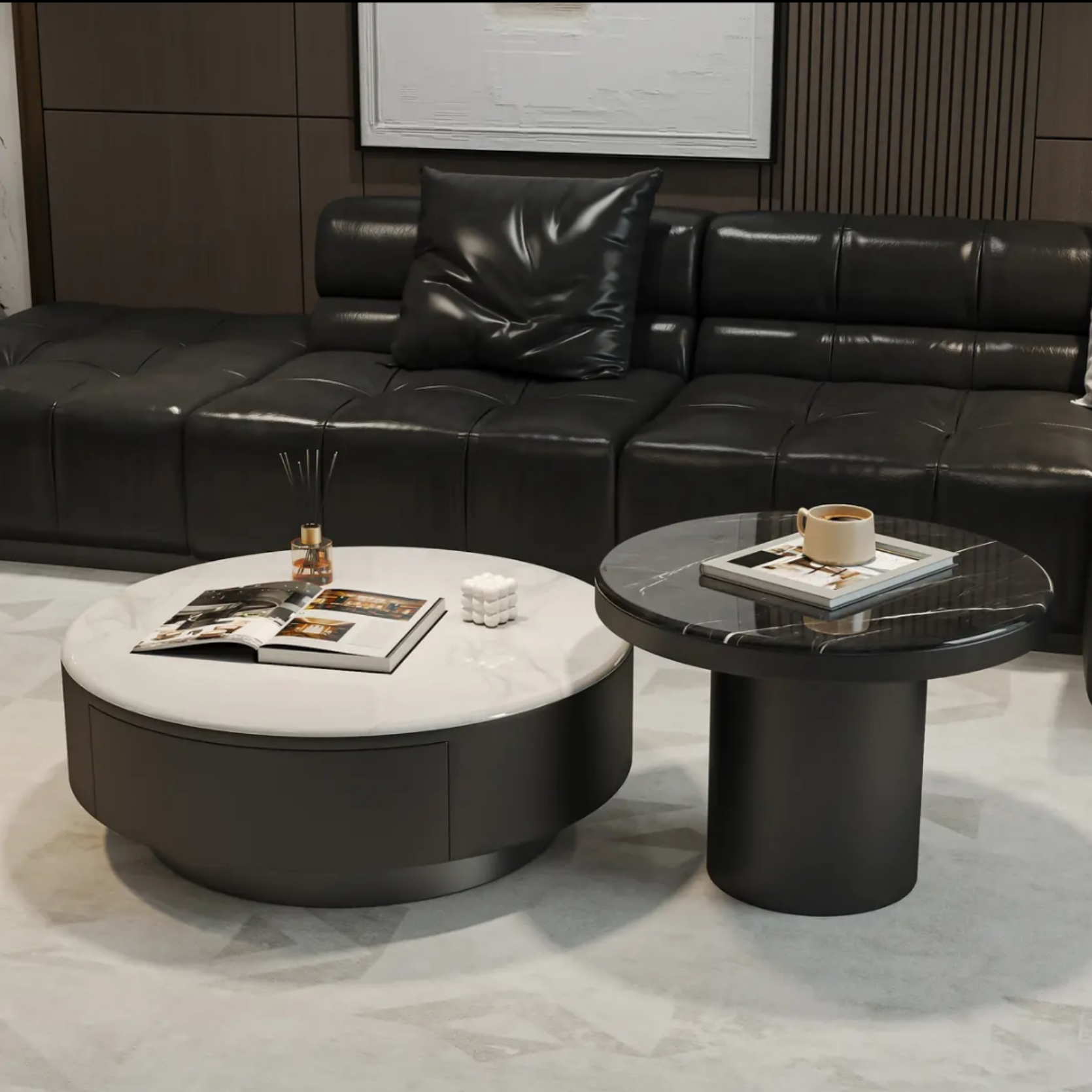 宜友奢石茶几超晶石圆形储物功能茶几二适两航微晶石茶几客厅茶几