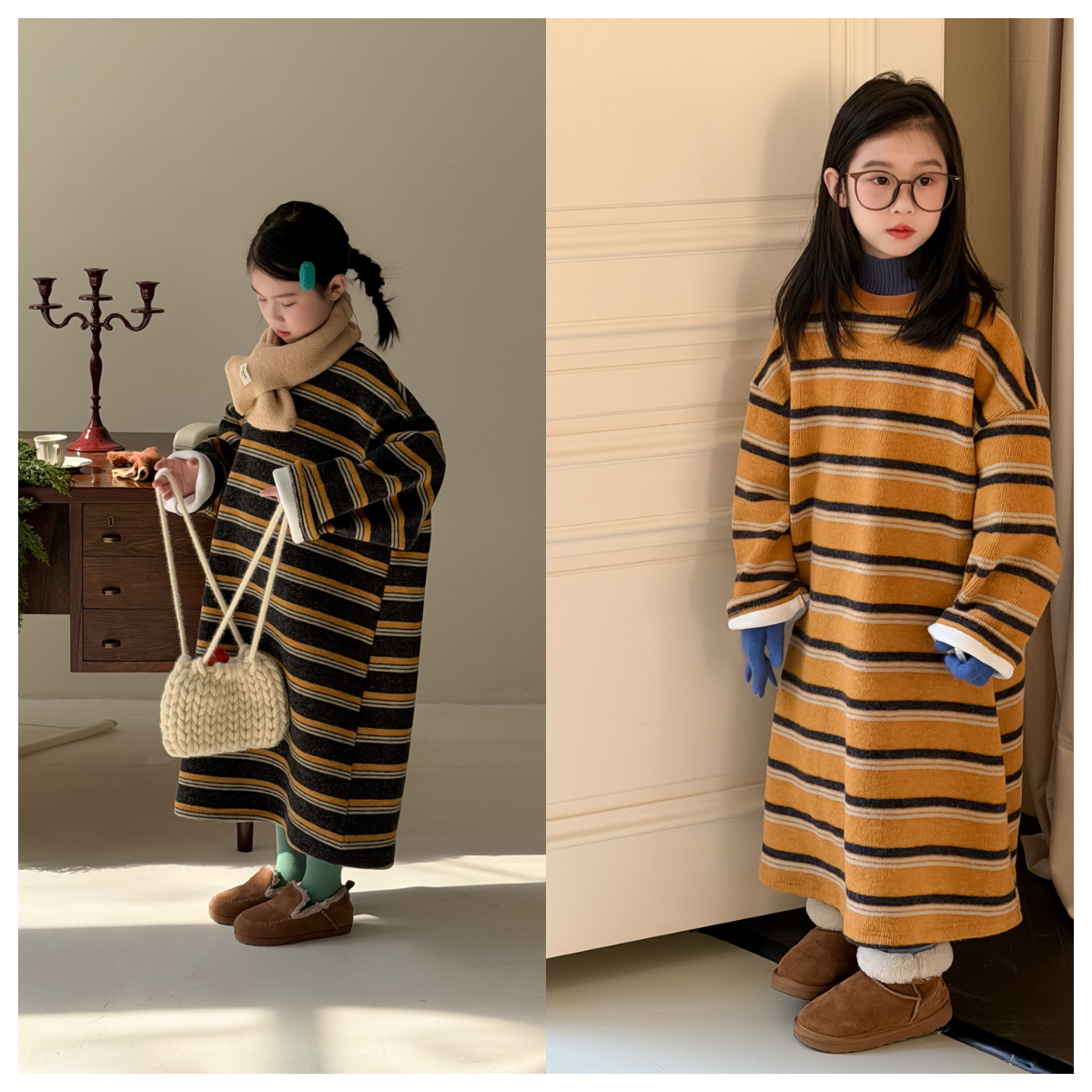 2025冬季韩版女童慵懒风撞色条纹长袖儿童针织衫加绒加厚毛衣裙