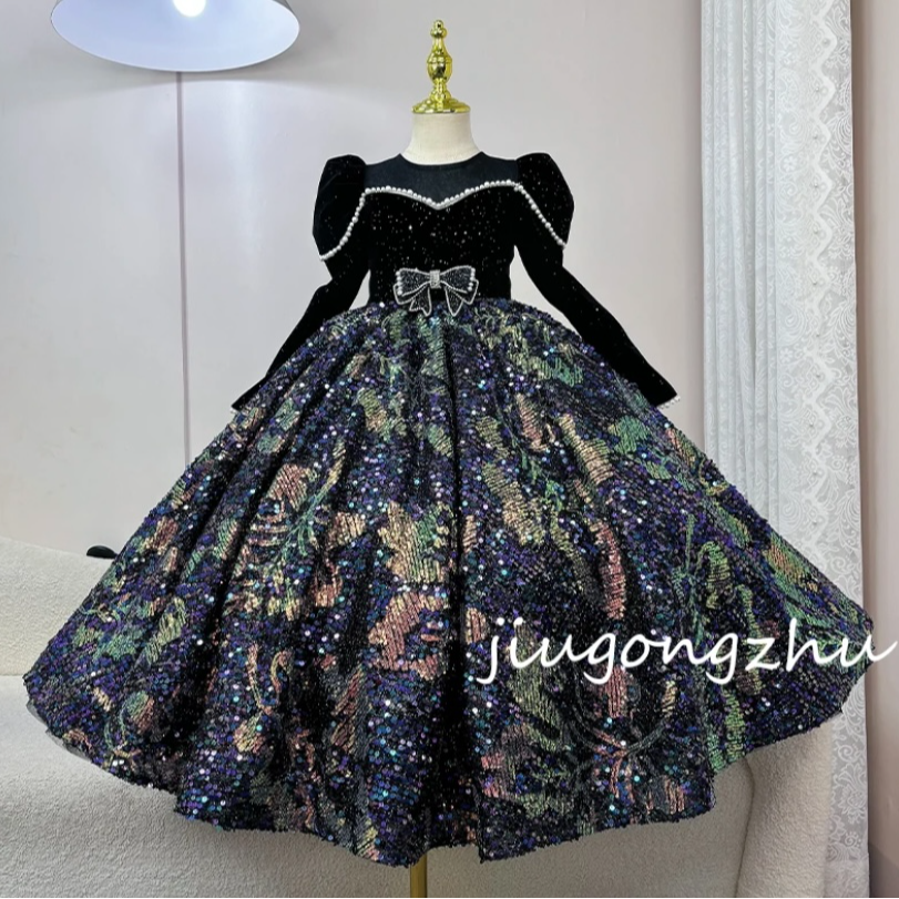 【紫月星河】女童主持人轻奢晚礼服演出服黑色亮片高端定制时尚儿童