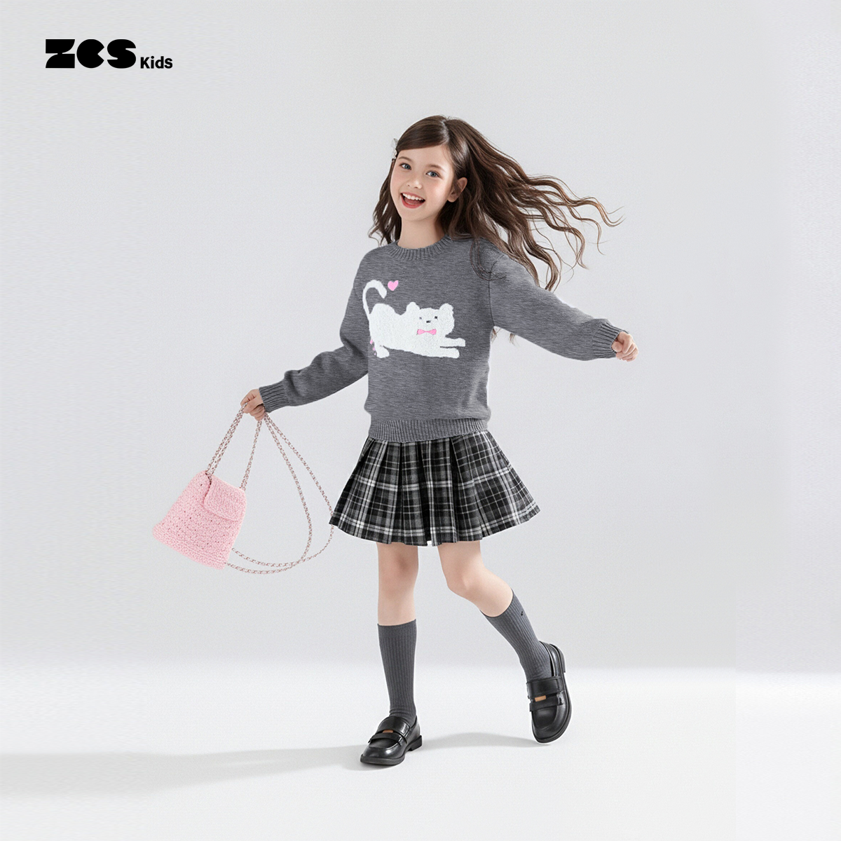 ZCS【100%羊毛】爱心猫女童羊毛衫儿童慵懒设计师刺绣针织上衣毛衣