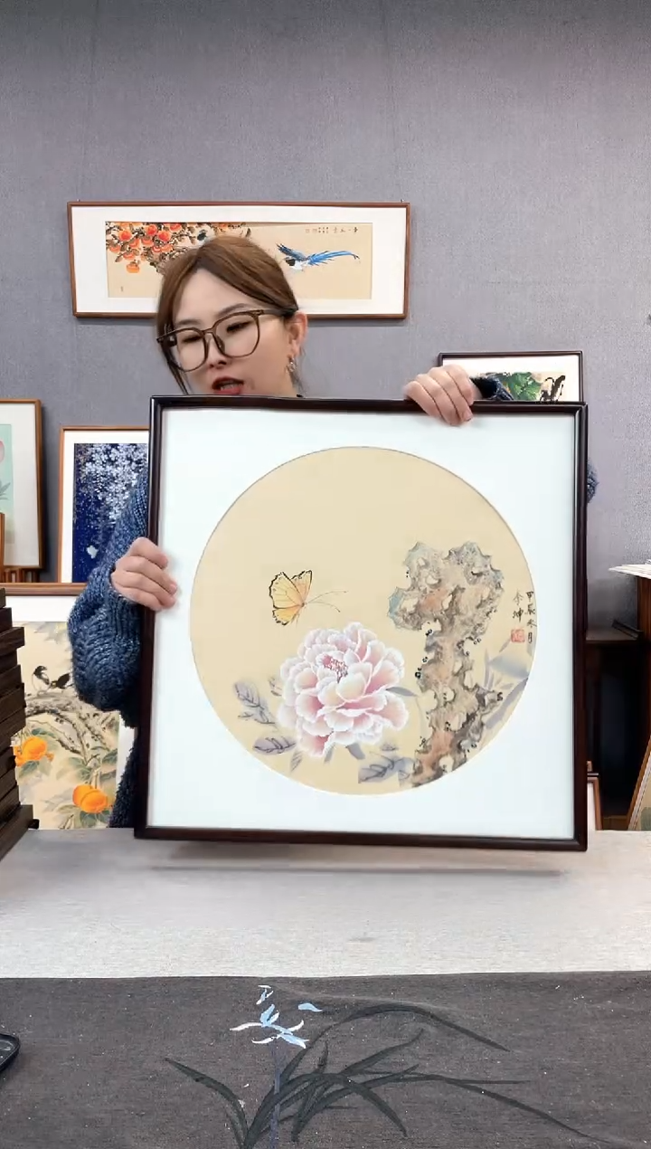 【闪购商品】国画李坤-手绘带框作品-53*53- 牡丹