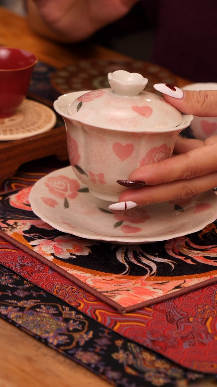 【闪购商品】玫瑰花三才盖碗茶具