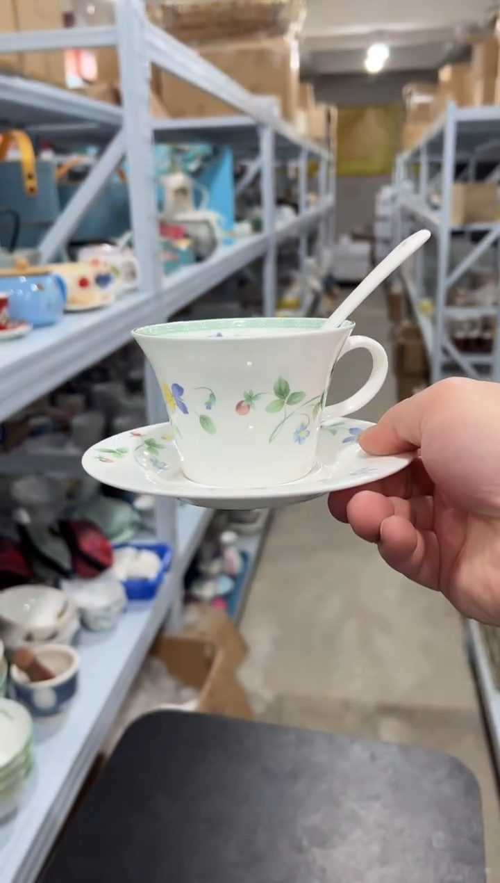 杯子骨瓷（简装）花环咖啡杯碟一套+骨瓷咖啡勺