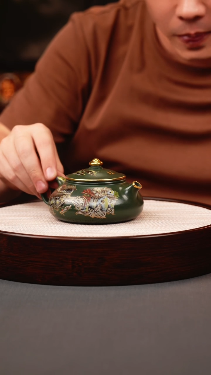 茶壶紫砂绿泥珐琅彩忆江南寒江