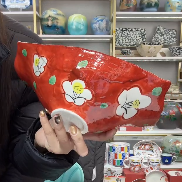 新品四【单支】日本进口濑户烧赤绘山茶花船钵24.5cm×15.5cm