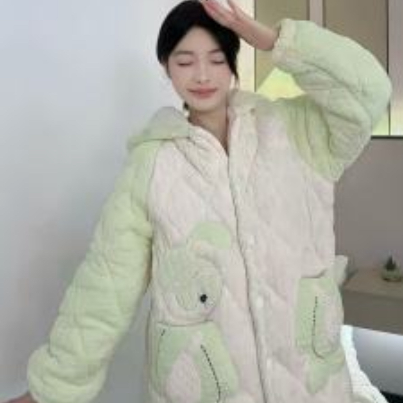  【0239白绿大耳兔】家居服套装冬加厚外穿长款卡通睡衣睡袍一整套