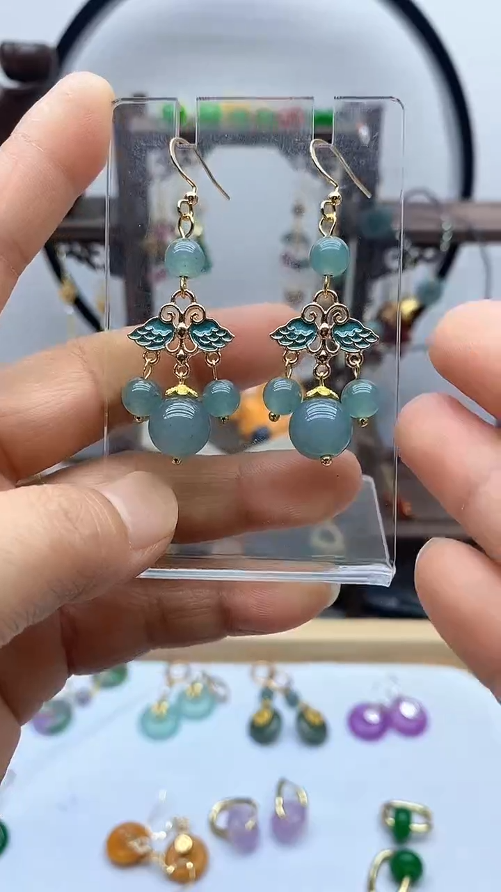 石英质玉（非洲翠）14K金镶嵌耳饰167