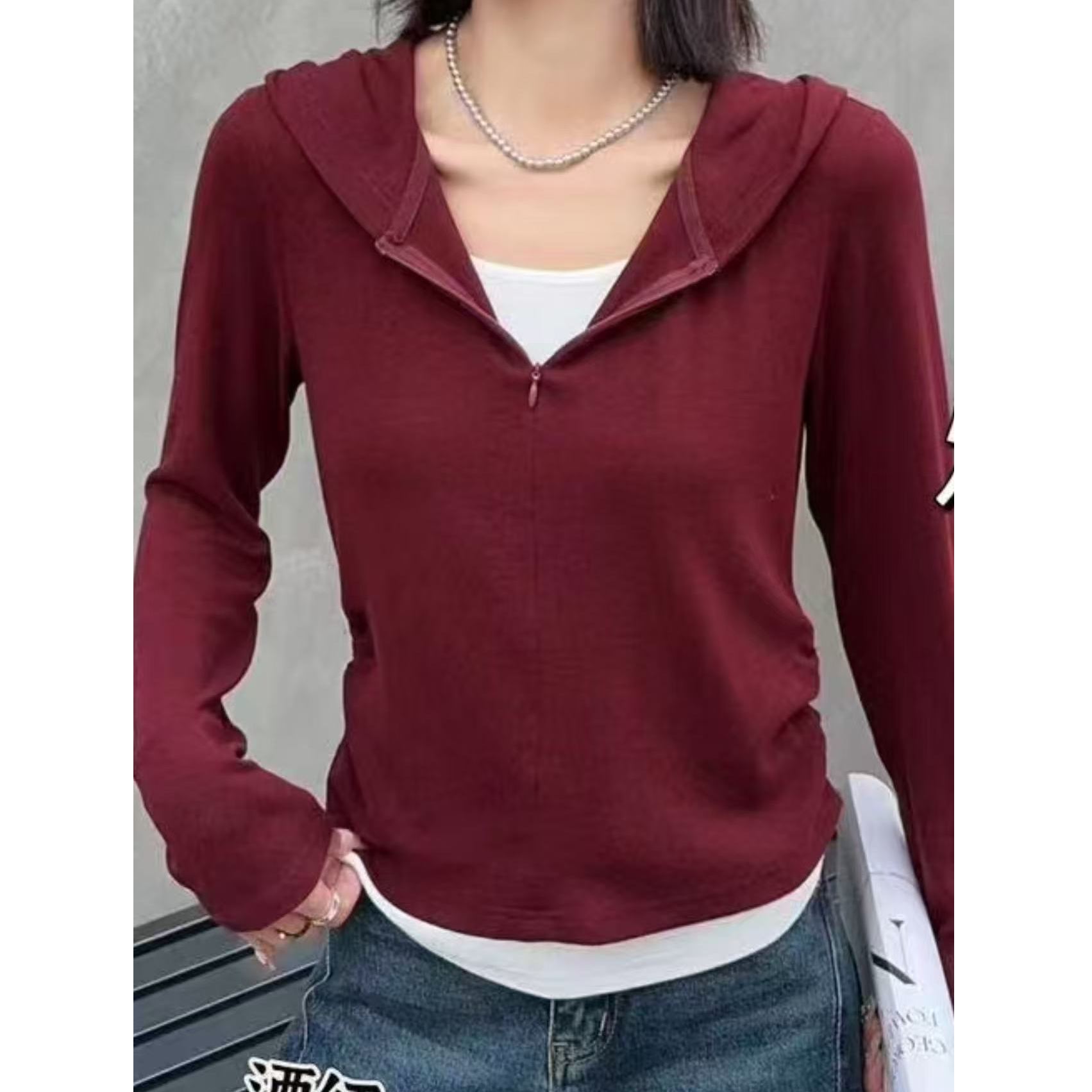 时尚减龄假两件连帽小衫【8929】运动休闲户外长袖女士纯色