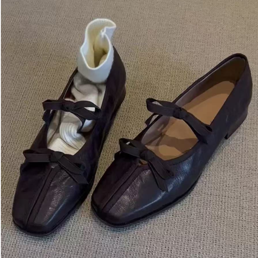 软底~芭蕾风女鞋~玛丽珍鞋方头浅口蝴蝶结单鞋复古秋季芭蕾平底鞋