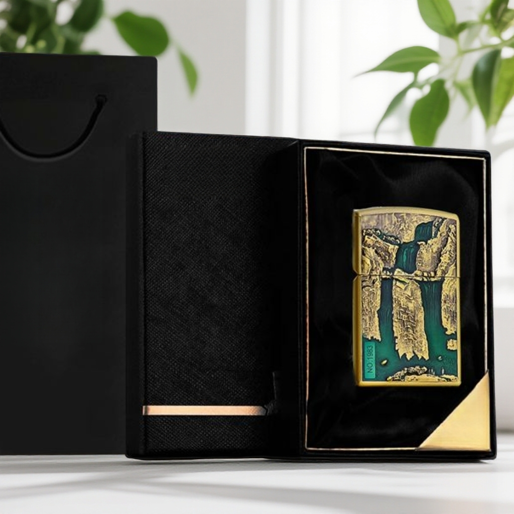 青铜浮雕唐草高山流水砂轮打火机【全新机无煤油】