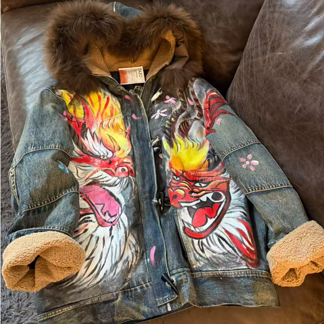 A996 牛仔时尚女士连帽加绒加厚水洗做旧休闲印花设计师外套