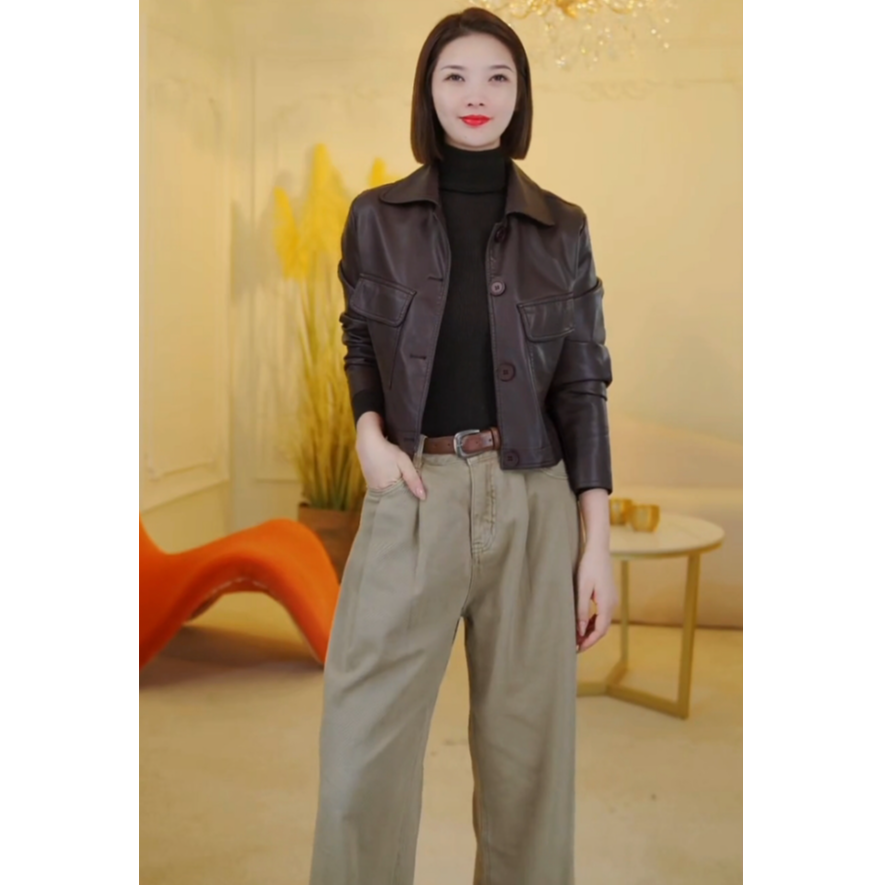 【琥珀流光】休闲绵羊皮外套皮衣女韩版宽松春秋短款皮夹克小外套LG